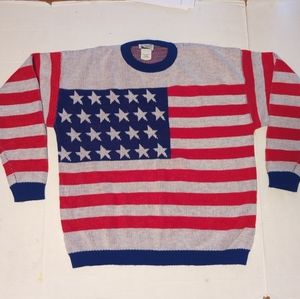Vintage Sally Gee American Flag Knit Sweater Red White Blue Womens L/XL